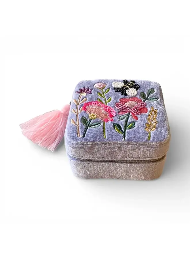 Blue Floral Cotton Velvet Jewellery Box 26