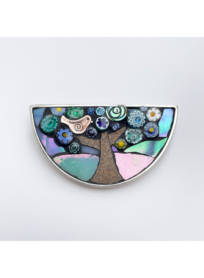 Bird and Flower Semi-Circle Mosaic Brooch 56