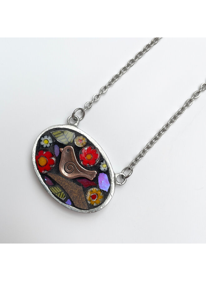 Pendentif ovale en mosaïque oiseau et fleur 62