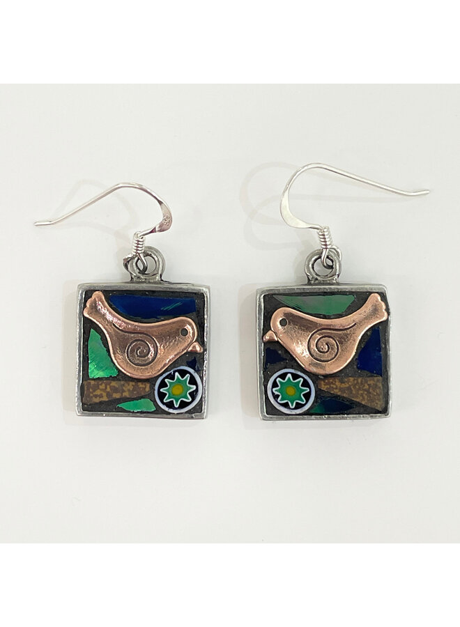Ohrstecker mit Vogelmotiv, quadratisches Mosaik, 68