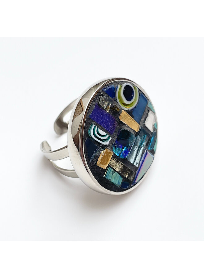 Bague ajustable mosaïque circulaire bleue byzantine 75
