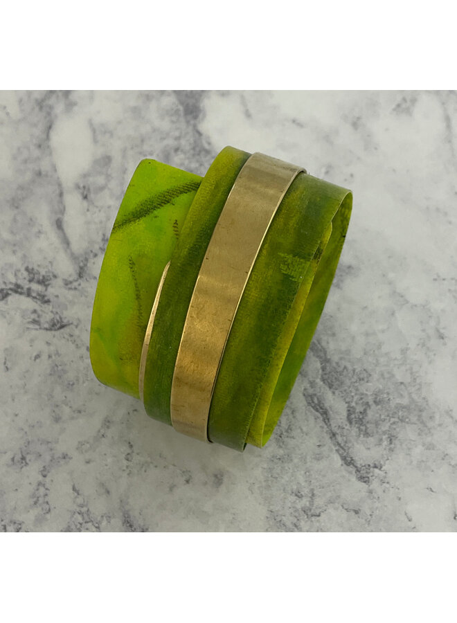 Autumn Green Brass and recycled plastic adjustable cuff 202