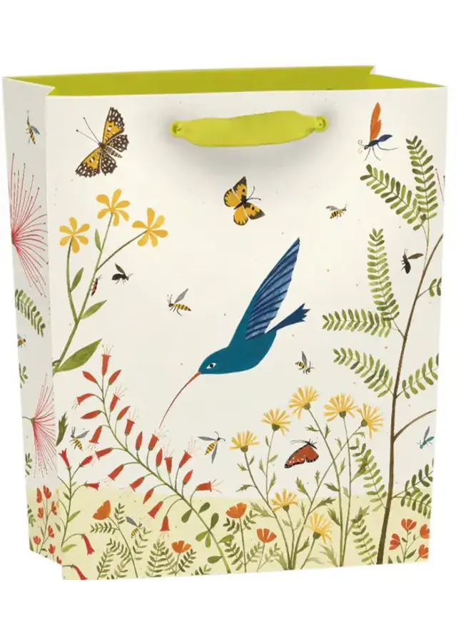 Bolsa de regalo pequeña con forma de colibrí y etiquetas.