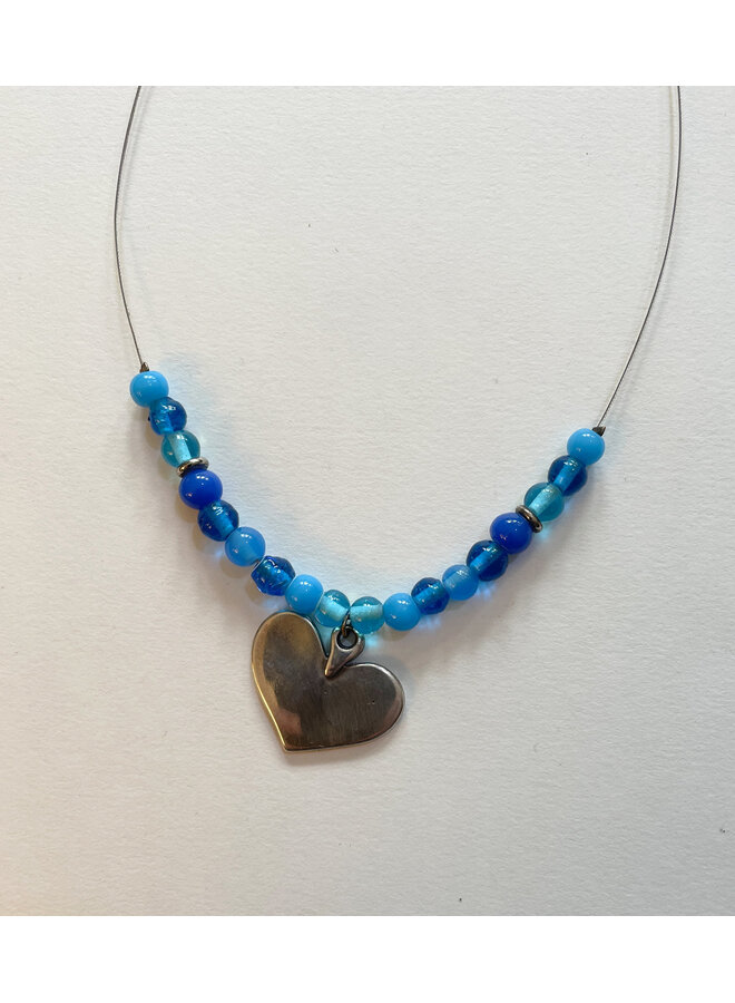Necklace blue glass and heart 345