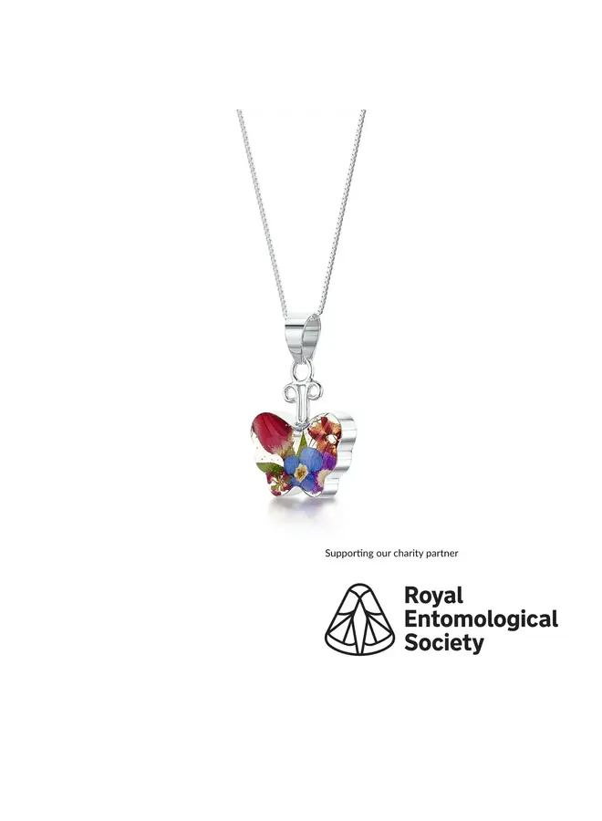 Mixed Flowers Small Butterfly Pendant Silver 44