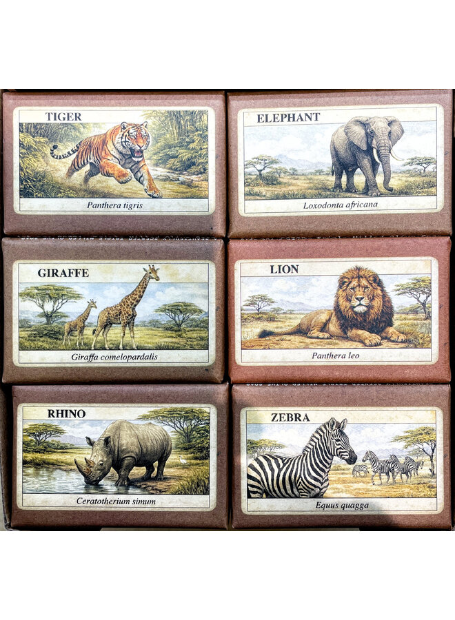 Savons miniatures Olive, animaux de safari rétro, 31 (à l'unité)