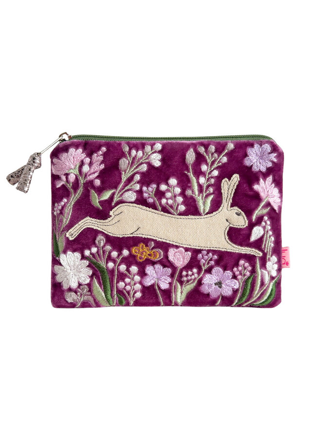 Hare and Flowers Embroidered Velvet Purple  Purse 165