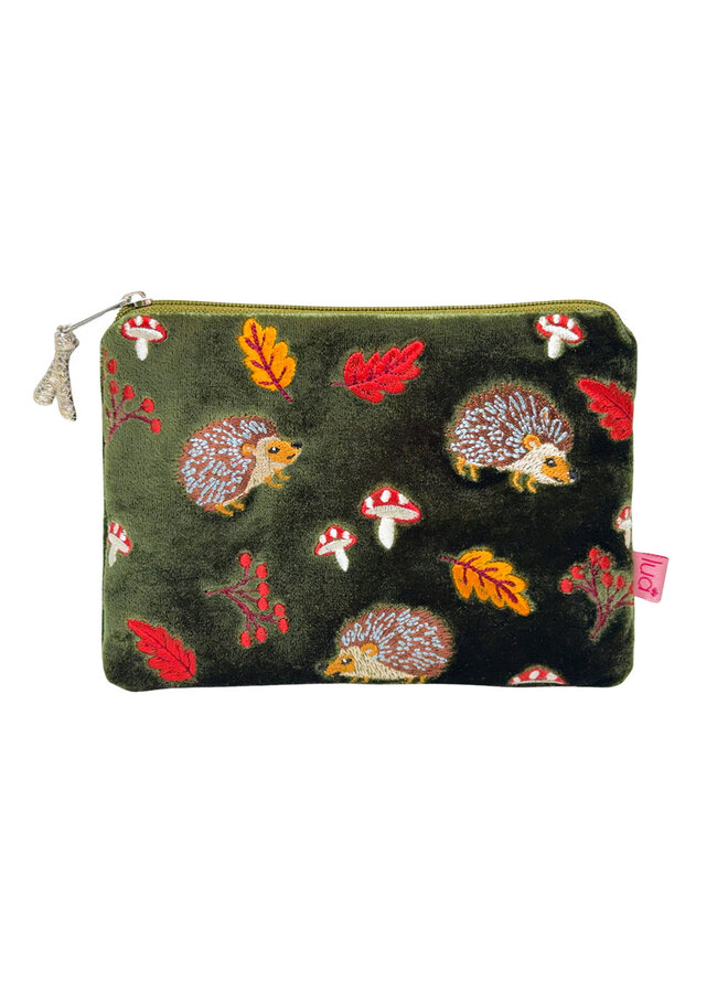 Hedgehog Embroidered Velvet Olive  Purse 166