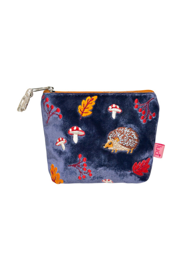Hedgehog Embroidered Navy Velvet Mini Purse 171