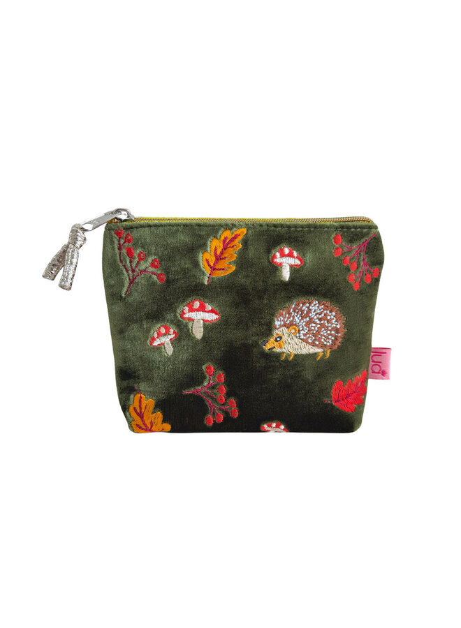 Hedgehog Embroidered Olive Velvet Mini Purse 172