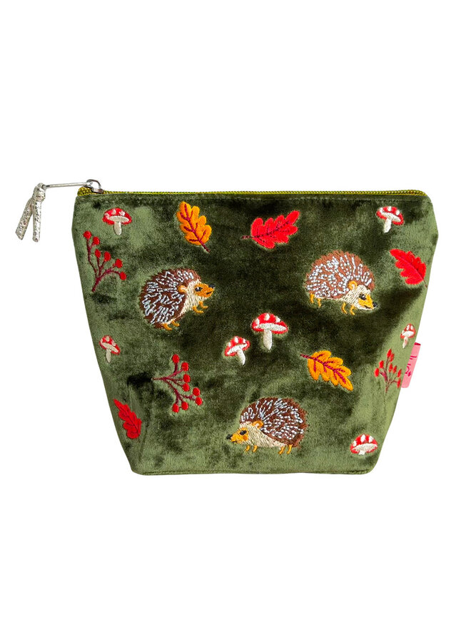Hedgehog Embroidered Olive Cosmetic Pouch 172