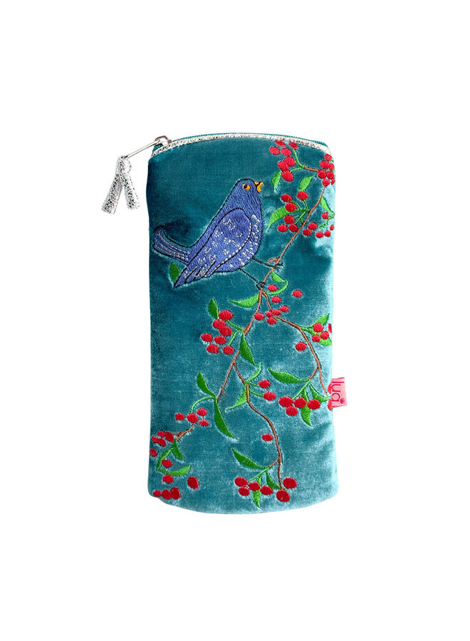 Blackbird and Berries Embroidered   Velvet Glasses Purse  181