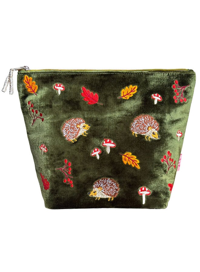 Hedgehog  Embroidered Large Olive Cosmetic Pouch  178