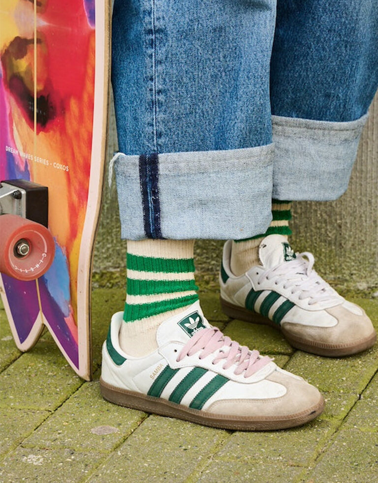 Escuyer Crew Stripes Socks - Ecru / Green