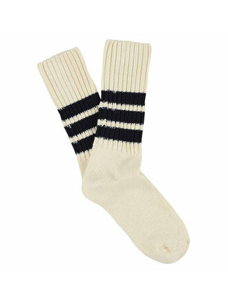 Escuyer Crew Stripes Socks - Ecru / Dark Blue