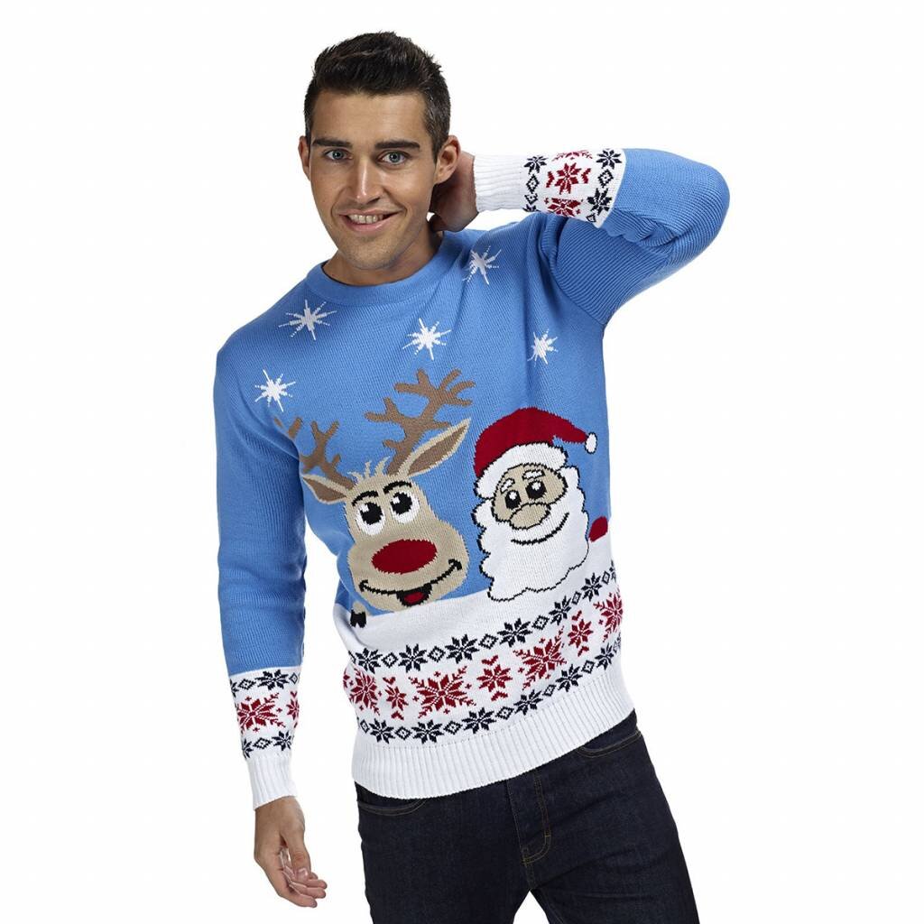 Weihnachtspulli Rudolph und Santa Blau Herren