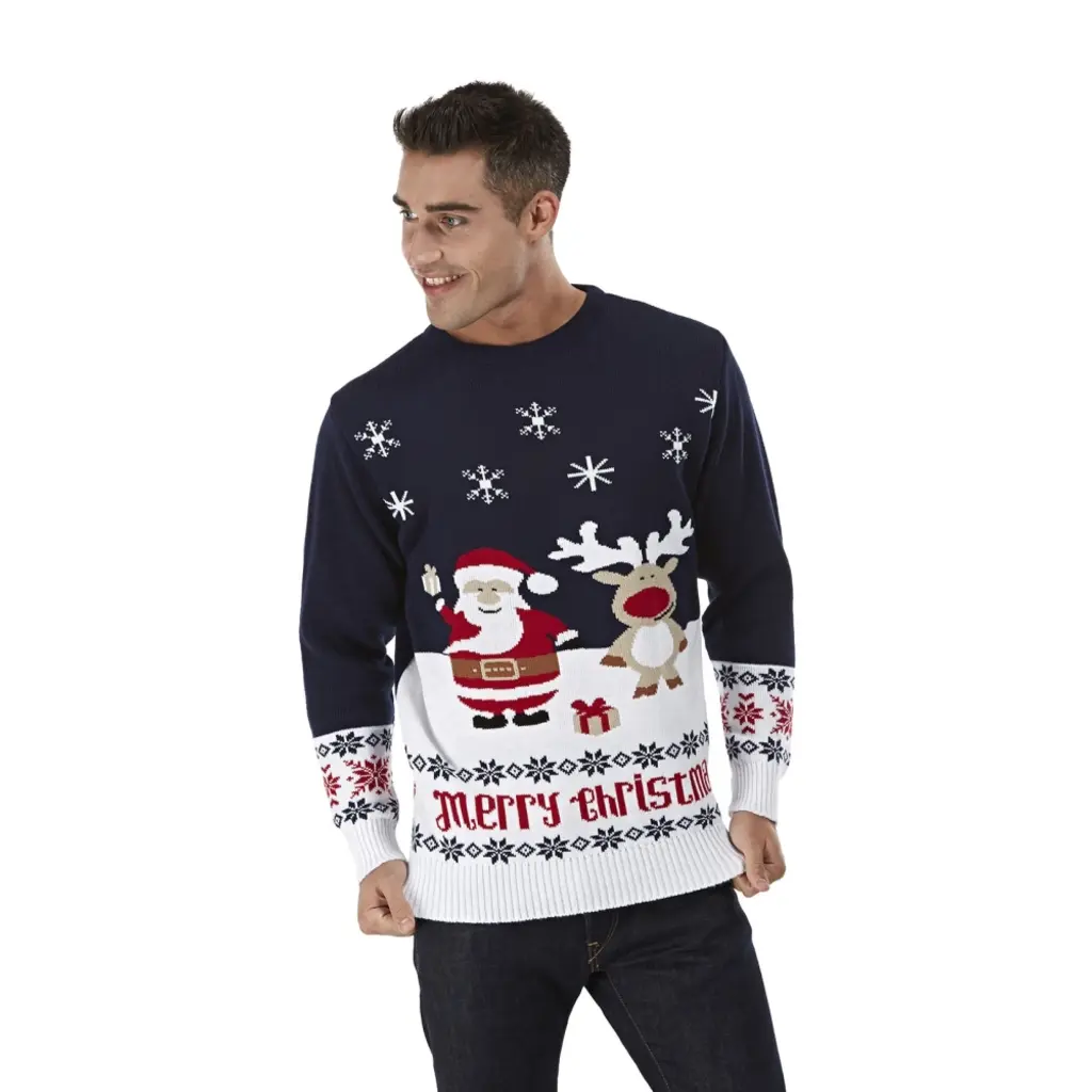 Weihnachtspulli Geschenken Dunkelblau Santa Claus