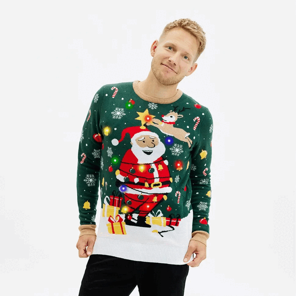 LED Weihnachtspullover Santa Grün – Herren