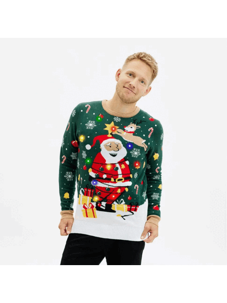 LED Weihnachtspullover Santa Grün – Herren