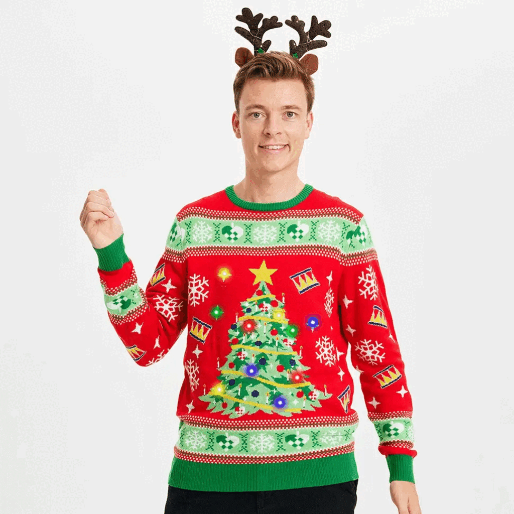 LED Weihnachts­pullover Weihnachtsbaum Rot – Herren Pullover