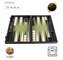 Leatherette Olijfgroen Backgammon - 48x30 cm - met Zwart & Ivoor