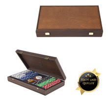 Donker Walnoothouten kist - Leatherette top -met 300pcs Pokerset