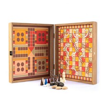 Regenbogenfarben - 4 in 1 Combo-Spiel in Wenge Holzkoffer - Schach / Backgammon / Ludo / Schlangen