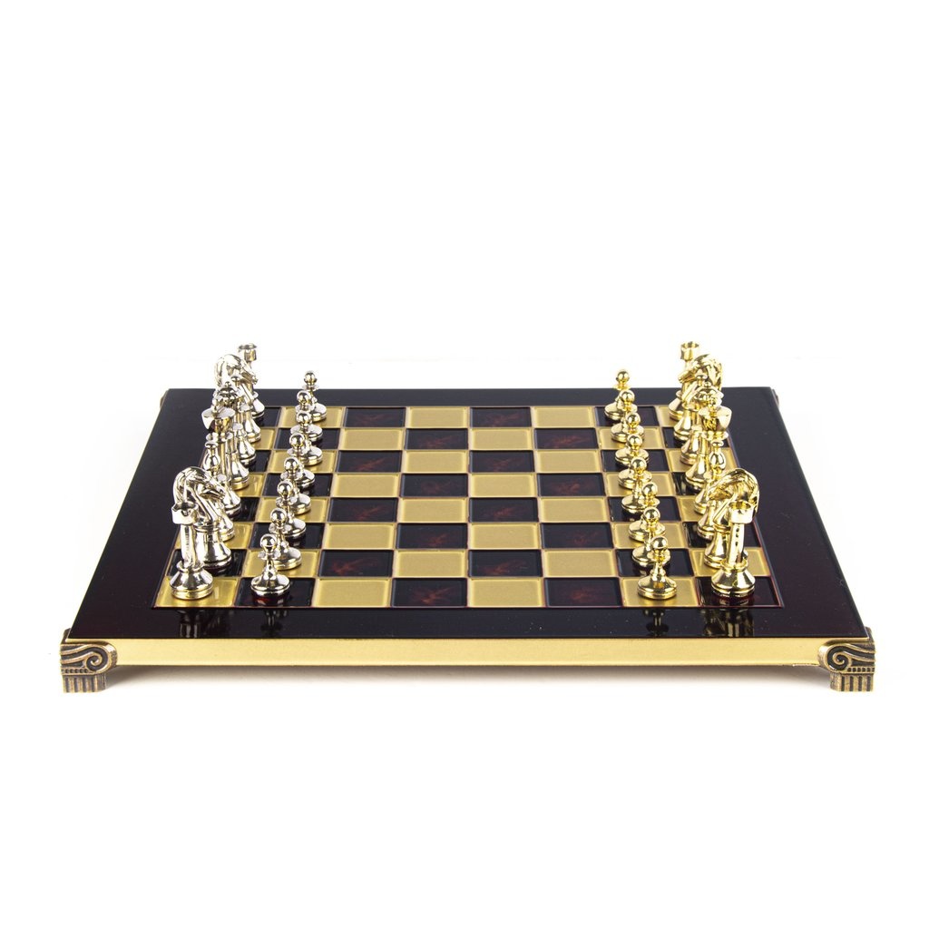 Klassiek Schaakset met gouden / zilveren schaakstukken en bronzen schaakbord (36x36cm) Rood