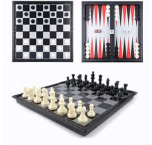 Chess Game 3-in-1 Checkers Backgammon Magnetic and Box - 32x32x5 cm Black White Staunton Figuren und Dame und Backgammon Steine.
