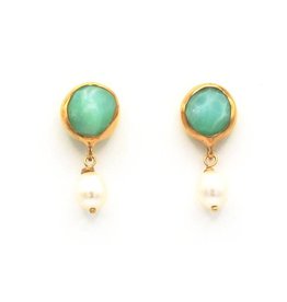 Tonia Makri Earrings with light green gemstone and white pearl