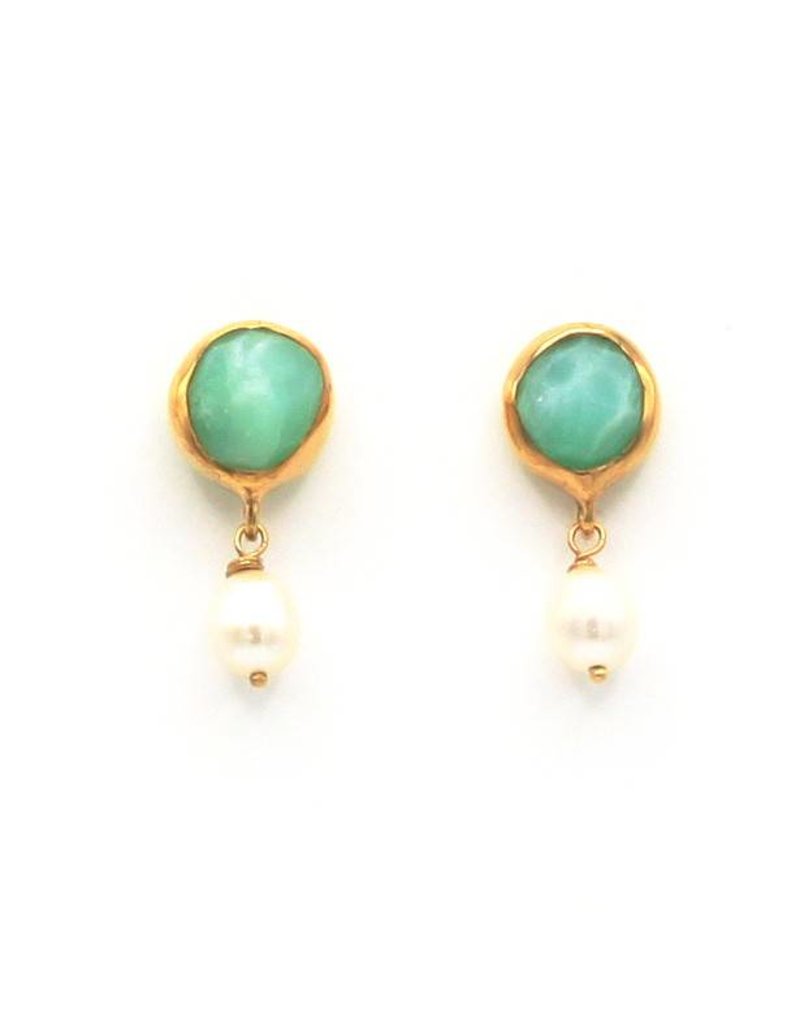 Tonia Makri Earrings with light green gemstone and white pearl