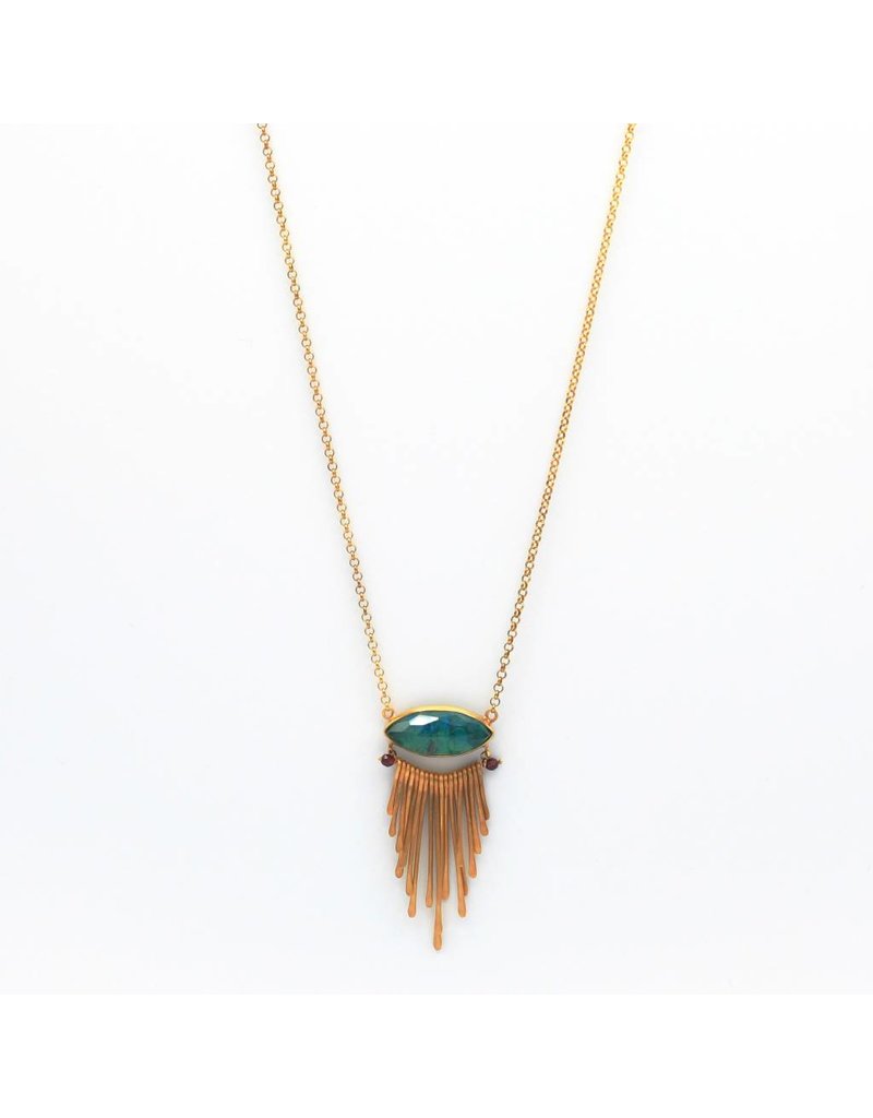 Tonia Makri Ketting zilver verguld met blauwe Chrysolcolla, Kwarts en aubergine Rhodolite edelstenen