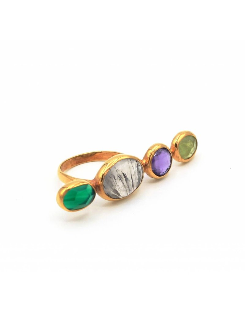 Tonia Makri Ring zilver verguld met felgroene Peridot, grijze Tourmalinit, violet Amethyst en groene Agate edelstenen