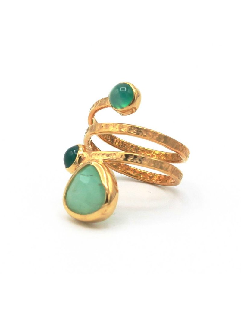 Tonia Makri Ring silver plated with green Chrysoprase and Agate gemstones