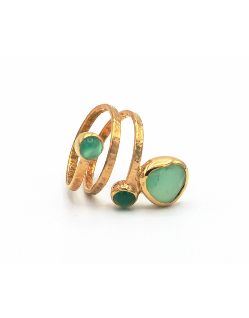 Tonia Makri Ring zilver verguld met groene Chrysoprase en Agate edelstenen