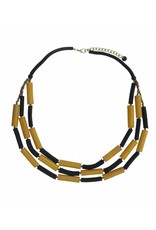 Long Necklace with tubes of wood and leather Black / Yellow