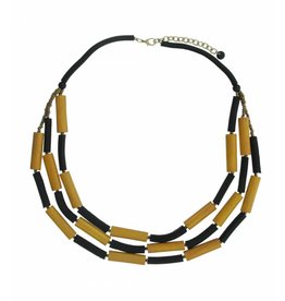 Long Necklace with tubes of wood and leather Black / Yellow