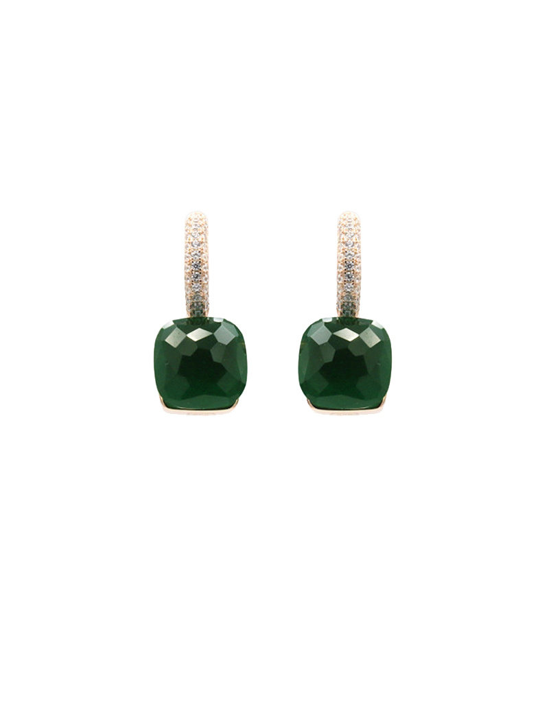 Earrings with crystals and colored stone dark green
