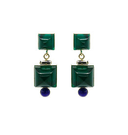 Philippe Ferrandis Earrings with two square stones and small dot green/blue
