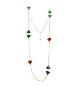 Long necklace gold plated silver with red, blue en green enamels charms