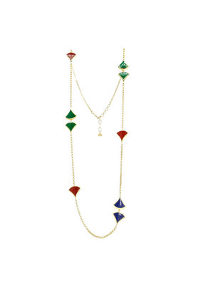 Long necklace gold plated silver with red, blue en green enamels charms