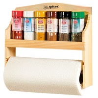 Kesper FSC Grenen Houten 2-in-1 Muur Keukenrolhouder en Kruidenrek | Keuken wand montage | Keuken Rol houder & Kruiden Organizer voor 6 Kruiden potjes | Keuken Rol en specerijen Opbergen | Afm. 28.5 x 7 x 25 Cm.