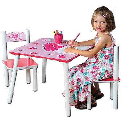 Kesper Mdf Kindertafel SET met 2 Stoelen, met HARTEN Motief | FSC Goedgekeurde Zitgroep | Houten Tafel, Inclusief 2x kinderstoel | Afm: Tafel 55 x 45 x 55 Cm. | Afm: Stoel 27 x 53 x 27 Cm. | 3 - Delige SET | Kleur: ROOD / ROSE met Harten motief