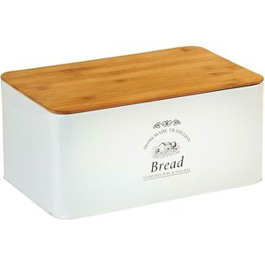 Kesper Keuken Metalen Broodtrommel met Houten Bamboe Brood Snijplank, Klassiek Model: "Landhuis" | Materiaal: Metaal / FSC Bamboe hout | Met Bamboe Deksel, te gebruiken als brood snijplank | Opschrift: Bread | Brooddoos | Brood Trommel | Afm. 32,5 x 21 x 15 Cm |