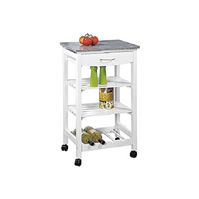 Kesper Witte Keukenwagen / Keuken Trolley met Granieten bovenblad | FSC Keukentrolley | Serveerwagen | Bedienwagen | Voorzien van Wijnrek, 2 Legplanken, Lade, en granieten bovenblad | serveerboy | Afm. 83 x 47 x 37 Cm. | Kleur: Wit