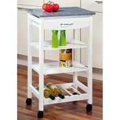 Kesper Witte Keukenwagen / Keuken Trolley met Granieten bovenblad | FSC Keukentrolley | Serveerwagen | Bedienwagen | Voorzien van Wijnrek, 2 Legplanken, Lade, en granieten bovenblad | serveerboy | Afm. 83 x 47 x 37 Cm. | Kleur: Wit