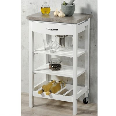 Kesper Witte Keukenwagen / Keuken Trolley met Bovenblad | FSC Keukentrolley | Serveerwagen | Bedienwagen | Voorzien van Wijnrek, 2 Legplanken, 1 Lade, en bovenblad | serveerboy | Afm. 85 x 47 x 37 Cm. | Kleur: Wit