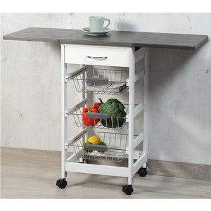 Kesper XXL FSC Houten Keukenwagen met Uitklapbare Zij bladen voor Mega veel ruimte | Keuken Trolley met EXTRA Groot Werkblad | Voorzien van 3 Uitschuifbare Manden, 1 Lade, en 3-delig werkblad | Afm. 75,5 x 37 x 97 Cm. | Kleur: WIT