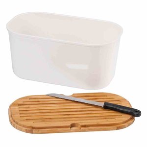 Kesper Melamine Broodtrommel met Bamboe Snijplank | Brood Bewaar doos met hoge kwaliteit Bamboe snij plank | Met Bamboe Deksel, te gebruiken als brood snijplank | Afm. 37 x 21 x 18,2 Cm. | Kleur Brood trommel: WIT