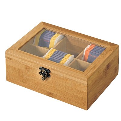 Kesper FSC® Bamboe Theedoos met 6 Vakken | Theekist Bamboe hout | Met deksel en venster | Thee Doos / Thea Box |  Afm. 21,7 x 16 x 9 Cm.